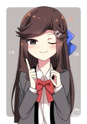  2girls ;) absurdres blue_bow blush border bow bowtie brown_hair chibi chibi_inset closed_mouth collared_shirt commentary finger_counting grey_background grey_jacket hair_bow hair_ornament hairband half_updo hands_up highres index_finger_raised jacket long_hair long_sleeves looking_at_viewer multiple_girls one_eye_closed open_clothes open_jacket outside_border parted_bangs partially_colored red_bow red_bowtie ringopai315 rounded_corners saijo_claudine school_uniform seisho_music_academy_school_uniform shirt shoujo_kageki_revue_starlight sidelocks simple_background smile solo_focus tendo_maya violet_eyes white_border white_shirt x_hair_ornament |_| 