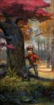  autumn_leaves background backpack bag brown_hair child copyright_request dragonfly forest insect jana_schirmer janaschi male nature realistic scenery smile solo toy_sword tree wooden_sword 