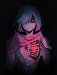  0lightsource 1other absurdres androgynous armor black_background black_bodysuit blue_hair blue_skin body_horror bodysuit broken broken_armor cape colored_skin commentary deltarune english_commentary exposed_bone expressionless glowing glowing_eye glowing_eyes heart highres horror_(theme) kris_(dark_world)_(deltarune) kris_(deltarune) looking_at_viewer other_focus pink_cape red_eyes red_light red_soul_(utdr) ribs short_hair shoulder_armor simple_background skeleton soul_(character)_(deltarune) soul_(utdr) torn_cape torn_clothes utdr_(toby_fox) 