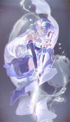 1girl absurdres armlet bare_shoulders blue_boots blue_eyes blue_hair blue_shirt blue_skirt blue_sleeves boots cape chinese_commentary collarbone collared_cape commentary_request detached_sleeves expressionless eyelashes fengyuyinhezi floating_cape fortissimo frilled_shirt frills full_body gloves gradient_background grey_background hair_ornament hairclip high_collar high_heel_boots high_heels highres holding holding_sword holding_weapon jewelry knee_up long_sleeves looking_at_viewer magical_girl mahou_shoujo_madoka_magica mahou_shoujo_madoka_magica_(anime) mahou_shoujo_madoka_magica_movie_1_&amp;_2 miki_sayaka miki_sayaka_(magical_girl) miniskirt musical_note musical_note_hair_ornament parted_lips pleated_skirt shirt short_hair skirt solo strapless strapless_shirt sword thighhighs two-tone_shirt water_drop weapon white_cape white_gloves white_shirt white_thighhighs