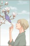  bird branch brown_eyes brown_hair feeding flower japanese_clothes male natsume_takashi natsume_yuujinchou rihara short_hair 