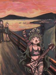  1boy 2girls absurdres black_hair black_horns blue_archive commentary_request demon_horns doodle_sensei_(blue_archive) empty_eyes fine_art_parody green_hair grey_halo guitar halo heavy_metal highres holding holding_guitar holding_instrument horns instrument kayoko_(blue_archive) korean_commentary ll_dal long_hair makeup midriff multicolored_hair multiple_girls navel open_mouth pantyhose parody sensei_(blue_archive) single_wing the_scream torn_clothes torn_pantyhose tsumugi_(blue_archive) white_hair wings 