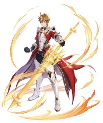 1boy antenna_hair armor armored_boots artist_request belt belt_buckle black_gloves black_pants boots breastplate brown_eyes brown_hair buckle clenched_hand commentary_request cropped_jacket crown english_commentary fire floating_clothes frown full_body gem gloves glowing glowing_sword glowing_weapon highres holding holding_sword holding_weapon hood hooded_jacket jacket kasel_(king's_raid) king's_raid korean_commentary leg_armor mixed-language_commentary official_alternate_costume official_art orange_gem pants red_belt red_jacket red_skirt second-party_source short_hair shoulder_armor simple_background skirt solo sword two-sided_fabric two-sided_skirt vambraces weapon white_armor white_background white_skirt wind 