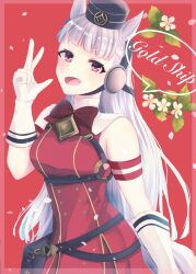  1girl animal_ears armband blunt_bangs blush bow breasts brown_hat character_name dress ear_bow ear_ribbon flower gloves gold_ship_(red_strife)_(umamusume) gold_ship_(umamusume) grey_hair hat highres horse_ears horse_girl horse_tail long_hair looking_at_viewer medium_breasts mitorine0310 open_mouth pillbox_hat red_bow red_dress sleeveless sleeveless_dress smile solo speech_bubble striped_armband striped_clothes tail umamusume violet_eyes white_gloves 