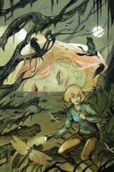  2girls alligator batman_(series) bird blonde_hair blue_shirt brown_pants bug commentary crocodilian dc_comics english_commentary flashlight full_moon highres holding holding_flashlight janet_mitchell jessica_fong long_hair moon mosquito multiple_girls official_art orange_hair pants poison_ivy shirt short_hair textless_cover_page wetland 