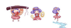  1girl barefoot brown_sandals brown_skirt chibi chibi_only closed_mouth commentary_request full_body hair_ornament highres layered_sleeves leaf_hair_ornament long_sleeves mirror multiple_views onbashira purple_hair red_eyes rope sandals shimenawa short_hair short_over_long_sleeves short_sleeves simple_background skirt smile snake touhou uriah-oyu violet_eyes white_background yasaka_kanako 