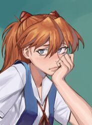  1girl blue_eyes commentary dairenke_art english_commentary frown hair_between_eyes head_rest highres interface_headset_(evangelion) lips neon_genesis_evangelion orange_hair ponytail school_uniform solo souryuu_asuka_langley tokyo-3_middle_school_uniform upper_body 