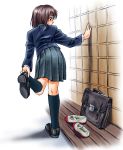  blazer brown_eyes brown_hair from_behind leaning_forward original pizza_man pleated_skirt putting_on_shoes school_bag school_uniform shoes skirt solo uwabaki 