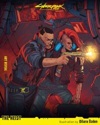  1boy 1girl artist_name asymmetrical_hair black_hair black_jacket black_pants brown_jacket copyright_logo copyright_name cyberpunk_(series) cyberpunk_2077 cyberpunk_trading_card_game dilara_ozden english_text firing gun handgun highres holding holding_gun holding_weapon jacket jackie_welles logo muzzle_flash open_clothes open_jacket pants red_hair samurai_jacket_(cyberpunk) short_hair sidecut undercut v_(cyberpunk) valerie_(cyberpunk) weapon 