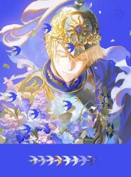  1boy alternate_costume armor bird blonde_hair blue_background blue_flower breastplate cape closed_eyes closed_mouth colored_eyelashes commentary dimitri_alexandre_blaiddyd fire_emblem fire_emblem:_three_houses flower flower_request forget-me-not_(flower) gongzuotianxiadiyi helm helmet highres holepunch_cutout_trend iris_(flower) male_focus multicolored_flower pink_flower plume purple_flower short_hair side_cape smile solo sun_symbol untranslatable_commentary upper_body very_short_hair white_flower 