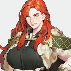  1girl axe belt belt_buckle black_dress bracer braid breasts buckle cape capelet commentary cropped dongho_kang dress english_commentary eyelashes fur-trimmed_cape fur_trim grey_eyes hand_on_own_hip highres jewelry large_breasts light_smile lips long_hair looking_at_viewer mole mole_under_eye necklace nose orange_hair original parted_bangs side_braids simple_background solo upper_body viking white_background 
