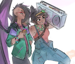  2girls arm_tattoo artist_name asymmetrical_hair black_eyes black_hair blue_overalls boombox commentary demon_wings earrings english_commentary forgotten_island glasses green_jacket grin hair_ornament hair_scrunchie holding_boombox hoop_earrings jacket jewelry jo_(forgotten_island) long_hair long_sleeves medium_hair multicolored_jacket multiple_girls overalls ponytail psuede purple_jacket purple_nails raissa_(forgotten_island) red-framed_eyewear red_tank_top scrunchie sidecut signature simple_background sketch smile standing tank_top tattoo undercut white_background wings 