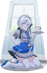  1girl absurdres ahoge aokumo_rin apron asusukaa back_bow black_bow black_bowtie blue_apron blue_bow blue_bowtie blue_eyes blue_streaks bow bowtie breasts center_frills choker collared_dress commentary dress elbow_gloves frilled_dress frills gloves grey_dress hair_bow hand_on_own_hip highres holding holding_tray kneeling kurimi_(aokumo_rin) large_breasts long_hair maid_headdress multicolored_hair name_tag open_mouth polka_dot polka_dot_bow puffy_short_sleeves puffy_sleeves roller_skates short_sleeves side_ponytail skates stellive streaked_hair thigh-highs tray very_long_hair virtual_youtuber waist_apron white_bow white_bowtie white_choker white_gloves white_hair white_thighhighs window 