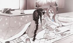  2girls ahoge animal blush braid cable cat cellphone closed_eyes closed_mouth commentary cup electrical_outlet elisbian elizabeth_rose_bloodflame english_commentary feeding food fruit glasses hair_over_shoulder highres holding holding_food holding_fruit holding_phone hololive hololive_english huge_ahoge indoors kotatsu long_hair long_sleeves looking_at_another loving_aura lying monochrome multiple_girls nerissa_ravencroft night on_stomach open_mouth orange_(fruit) orange_slice pet phone profile round_eyewear sepia single_braid slice_of_life smartphone smile sweater table tablet_pc under_kotatsu under_table virtual_youtuber yuri 