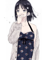  1girl between_fingers black_dress black_eyes black_hair cable_knit cardigan cardigan_partially_removed cigarette collarbone collared_shirt commentary_request dress grey_background hair_ornament hairclip holding holding_cigarette looking_to_the_side medium_hair original sakurada_reiko shirt simple_background smoke smoke_trail smoking solo star_(symbol) upper_body white_cardigan 