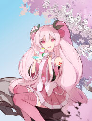  1girl absurdres ahoge blue_sky blush branch breasts cherry_blossoms cherry_hair_ornament collared_shirt commentary_request day detached_sleeves falling_petals fingernails floral_print flower food-themed_hair_ornament hair_between_eyes hair_ornament hatsune_miku headset highres long_hair long_sleeves looking_at_viewer medium_breasts nail_polish necktie official_alternate_costume open_mouth outdoors petals pink_eyes pink_flower pink_hair pink_nails pink_necktie pink_petals pink_skirt pink_sleeves pink_thighhighs rennji0139 sakura_miku shirt sitting sitting_on_branch skirt sky sleeveless sleeveless_shirt smile solo tattoo thigh-highs tree twintails very_long_hair vocaloid watermark white_shirt white_trim wide_sleeves zettai_ryouiki 