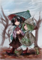  2others amanomiya_jun amanomori_shou androgynous antennae autumn bad_id bad_twitter_id baggy_pants bare_tree black_hair blue_cape blue_sky blue_umbrella boots brown_boots brown_hat brown_skirt brown_sleeves brown_vest bruise bruise_on_face cape clouds collared_shirt conical_hat day detached_sleeves faceless full_body green_hair hairband hakama hakama_skirt happy hat holding holding_umbrella injury jandare japanese_clothes kimono layered_sleeves len'en long_sleeves medium_hair miniskirt multiple_others neck_ribbon oil-paper_umbrella open_mouth other_focus outdoors pants pants_under_skirt parted_bangs pink_kimono pointy_nose polka_dot_cape red_boots red_hakama red_ribbon red_umbrella ribbon rubber_boots shaded_face shirt shirt_under_kimono short_hair short_kimono side_slit skirt sky smile talking tree turtleneck turtleneck_shirt two-sided_umbrella umbrella umbrella_hair_ornament umbrella_over_shoulder vest walking white_hairband white_pants white_shirt wide_sleeves 