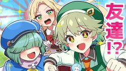  3girls amano_mikoto amusement_park apron aqua_hair artist_request badge bandana blazer blonde_hair blue_bandana blue_capelet blush bow bowtie button_badge capelet commentary_request dragon_musume_ni_naritakunai! duel_masters green_apron green_eyes green_hair green_hat green_shirt hair_over_eyes hand_grab hat highres jacket jasmine_(duel_masters) long_hair mole mole_under_eye multicolored_hair multiple_girls nagareboshi_asche necktie official_art open_mouth orange_necktie outdoors red_bow red_bowtie shirt short_hair sparkle translation_request upper_body white_jacket white_shirt yellow_eyes 
