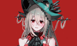  1girl arknights ascot black_ascot black_hat commentary green_hat grey_hair hair_between_eyes hat highres light_smile long_bangs long_hair looking_at_viewer parted_lips portrait red_background red_eyes red_shirt shiroiro_obake shirt simple_background skadi_(arknights) skadi_the_corrupting_heart_(arknights) sketch sleeveless sleeveless_shirt solo two-sided_fabric two-sided_headwear 
