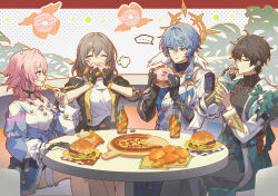  ... 2boys 2girls absurdres black_gloves black_jacket black_shirt black_skirt blue_jacket blue_skirt bottle bottle_cap breasts brown_hair burger chicken_(food) closed_eyes coat cup dan_heng_(honkai:_star_rail) dan_heng_(hunt)_(honkai:_star_rail) doughnut drinking drinking_straw drinking_straw_in_mouth earclip eating fast_food feet_out_of_frame food french_fries fried_chicken gloves grey_hair halo halo_behind_head head_wings highres holding holding_cup holding_donut holding_food honkai:_star_rail honkai_(series) jacket long_hair looking_at_another march_7th_(honkai:_star_rail) march_7th_(preservation)_(honkai:_star_rail) medium_breasts multiple_boys multiple_girls piercing pink_hair pizza pkgllllllv shirt short_hair sitting skirt soda_bottle soulglad spiked_halo spoken_ellipsis stelle_(honkai:_star_rail) sunday_(honkai:_star_rail) table tied_jacket trailblazer_(honkai:_star_rail) white_coat white_shirt white_wings wing_piercing wings yellow_eyes 