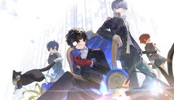  1girl 3boys absurdres ahoge amamiya_ren animal_collar arms_behind_back black-framed_eyewear black_hair black_jacket black_pants blazer blue_eyes blue_hair brown_eyes brown_hair buttoned_cuffs buttons chair closed_mouth collar collared_jacket collared_shirt crossed_legs digital_walkman facing_away floating floating_lanyard floating_object from_behind from_below from_side gekkoukan_high_school_uniform glasses gloves grey_eyes grey_hair hair_between_eyes hand_in_pocket hand_on_own_ear head_tilt high_collar highres in-ear_earphones in-franchise_crossover jacket jumping laishamark92077 lanyard leaning_to_the_side lens_flare long_sleeves looking_at_viewer morgana_(cat)_(persona_5) morgana_(persona_5) mp3_player multiple_boys multiple_views narukami_yu on_chair on_throne opaque_glasses open_clothes open_jacket pants partially_opaque_glasses persona persona_3 persona_3_portable persona_4 plaid_clothes plaid_pants plant pleated_skirt red_gloves school_uniform shiomi_kotone shirt short_hair shuujin_academy_school_uniform simple_background sitting skirt socks standing sword throne turtleneck tuxedo_cat two-tone_fur walkman_nw-s203f weapon white_background white_shirt yasogami_school_uniform yellow_collar yuuki_makoto_(persona_3) 