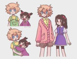  1boy 1girl aged_down alternate_costume alternate_universe antenna_hair aubrey_(faraway)_(omori) aubrey_(omori) bad_id bad_twitter_id basil_(faraway)_(omori) basil_(omori) bike_shorts blonde_hair blue_eyes blush bow brown_shorts cardigan closed_mouth collared_shirt commentary double-parted_bangs english_commentary flower green_overalls grey_background hair_between_eyes hair_bow hair_flower hair_ornament hug long_hair long_sleeves looking_at_another omori open_mouth overalls pacifier parted_lips pink_bow pink_cardigan shirt short_hair short_sleeves shorts sidelocks simple_background smile t-shirt twitter_username yellow_shirt yuilu_(yuiluqqq) 