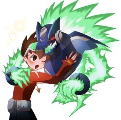  2boys :d ;d aoya091 brown_eyes brown_hair commentary_request em_being_(mega_man) eyewear_on_head fingerless_gloves geo_stelar_(mega_man) gloves hair_between_eyes highres hug jewelry long_sleeves looking_at_another male_focus mega_man_(series) mega_man_star_force_(series) multiple_boys necklace omega-xis_(mega_man) one_eye_closed open_mouth red_gloves red_shirt shirt smile star_(symbol) white_background 