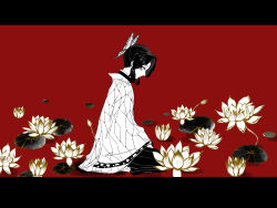  1girl absurdres animal_print butterfly_hair_ornament butterfly_print butterfly_print_haori closed_mouth commentary_request demon_slayer_uniform flower from_side full_body gongmi greyscale greyscale_with_colored_background hair_ornament haori highres japanese_clothes kimetsu_no_yaiba kochou_shinobu letterboxed lily_pad long_sleeves looking_down lotus monochrome print_haori red_background seiza short_hair sidelocks simple_background sitting solo water_lily_flower 