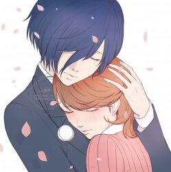  1boy 1girl black_jacket blue_hair blush brown_hair cardigan closed_eyes closed_mouth commentary_request couple earphones_removed earrings falling_petals flipped_hair gekkoukan_high_school_uniform hair_over_one_eye hand_on_another's_head happy_tears head_on_chest heads_together height_difference hetero hug jacket jewelry lips long_sleeves medium_hair pean_(mizuki613) pearl_earrings persona persona_3 petals pink_cardigan pink_petals ribbed_cardigan school_uniform short_hair simple_background smile stud_earrings swept_bangs takeba_yukari tears twitter_username upper_body white_background yuuki_makoto_(persona_3) 