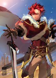  1boy absurdres blue_sky brown_gloves brown_pants cape closed_mouth diamant_(fire_emblem) english_commentary fire_emblem fire_emblem_engage fur-trimmed_cape fur_trim gloves highres holding holding_sheath looking_to_the_side male_focus pants planted planted_sword red_cape rwesrw sand sheath sky sun sword weapon 
