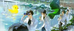  6+boys afloat binoculars black_eyes black_hair black_pants black_shirt bridge brown_hair carrying chromatic_aberration coat cork day emphasis_lines english_text fence flag glass_jar glasses glowing grass green_flag highres holding holding_binoculars holding_flag holding_jar jar lab_coat lens_flare light_rays low_ponytail medium_hair multiple_boys original outdoors oversized_object pants pond ponytail profile queue reflection ripples rock round_eyewear rubber_duck shirt short_hair standing sunlight walking water white_coat wide_shot yusongrmdsuki 