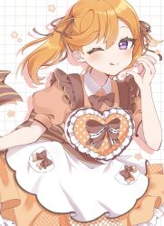  1girl :q ;) ;q apron brown_dress brown_ribbon costume_request cowboy_shot dress frilled_apron frills grid_background hair_ribbon half-heart_hands hand_up heart_apron highres long_hair looking_at_viewer love_live! love_live!_superstar!! memeta_(oolm_m) official_alternate_costume one_eye_closed orange_apron orange_hair polka_dot polka_dot_apron puffy_short_sleeves puffy_sleeves ribbon shibuya_kanon short_sleeves smile solo tongue tongue_out twintails violet_eyes 