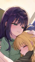  2girls ahoge black_shirt blonde_hair blush cho_kaguya-hime! closed_eyes closed_mouth commentary_request cuddling green_eyes green_shirt highres kaguya_(cho_kaguya-hime!) long_hair mole mole_under_eye multiple_girls purple_hair sakayori_iroha shirt sleeping toake_(user_affe3424) yuri 