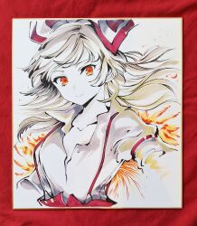  1girl absurdres bow closed_mouth collared_shirt commentary_request fire fujiwara_no_mokou hair_bow highres long_hair long_sleeves red_eyes shikishi shirt smile solo suspenders touhou traditional_media tsubameyado upper_body white_bow white_hair 