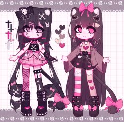  2girls animal_ears ariimaw artist_name asymmetrical_legwear bandaid bandaid_on_face bare_shoulders black_bow black_choker black_shoes black_skirt blush bone_hair_ornament bow brown_cardigan cardigan cat_ears cat_girl cat_tail choker cross_tattoo deformed elbow_gloves facial_tattoo fishnets footwear_bow full_body gloves grid_background hair_bow hair_ornament heart heart_hair_ornament heart_tattoo highres legwear_garter long_eyelashes long_hair long_sleeves looking_to_the_side low_twintails multiple_girls no_pupils open_cardigan open_clothes original parted_lips partially_fingerless_gloves pink_bow pink_eyes pink_skirt shirt shoes sidelocks single_elbow_glove single_legwear_garter skirt sleeveless sleeveless_shirt standing studded_choker studded_thigh_strap studs tail tail_bow tail_ornament tareme tattoo thick_eyelashes thigh_strap twintails very_long_hair watermark wide_sleeves x_hair_ornament 