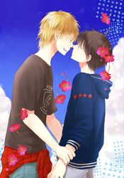  2boys blonde_hair brown_hair couple flower hamada_yoshiro izumi_kousuke male multiple_boys ookiku_furikabutte sky yaoi yui_hazuki 