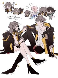  2boys 2girls anger_vein angry arm_strap arm_up artist_name badge bandaid bandaid_on_head baseball_bat belt black_boots black_choker black_gloves black_hair black_jacket black_pants black_shirt black_skirt blue_jacket boots caelus_(honkai:_star_rail) chibi chibi_inset chinese_clothes choker clenched_hand closed_eyes closed_mouth collarbone constellation_print covering_own_eyes crossed_arms crying crying_with_eyes_open dan_heng_(honkai:_star_rail) dan_heng_(hunt)_(honkai:_star_rail) dual_persona fingerless_gloves flower four-pointed_star from_behind full_body gloves grey_hair hair_between_eyes half-closed_eyes hand_on_own_face hand_on_own_hip hand_up hands_on_own_face hands_up high_heels holding holding_baseball_bat honkai:_star_rail honkai_(series) hood hooded_jacket index_finger_raised jacket long_hair long_sleeves looking_afar looking_at_another looking_down lordly_trashcan_(honkai:_star_rail) lying march_7th_(honkai:_star_rail) march_7th_(preservation)_(honkai:_star_rail) miniskirt multiple_boys multiple_girls multiple_views no_mouth notice_lines okktru on_stomach open_clothes open_jacket open_mouth pants pink_hair puffy_long_sleeves puffy_sleeves red_belt sad seiza shirt short_hair shoulder_pads sidelocks simple_background sitting skirt smile standing star_(symbol) stelle_(honkai:_star_rail) t-shirt tears trailblazer_(honkai:_star_rail) trash_can trembling two-sided_fabric two-sided_jacket upper_body white_background white_flower white_jacket white_shirt yellow_eyes yellow_jacket 