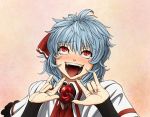  \m/ ahegao blue_hair blush bridal_gauntlets brooch commentary face fangs fingernails hair_ribbon hands imizu_(nitro_unknown) jewelry no_hat no_headwear open_mouth red_eyes remilia_scarlet ribbon slit_pupils solo sweat tongue touhou 
