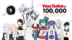  1boy 1other 6+girls alternate_costume alternate_hairstyle animal_ears aqua_eyes aqua_hair archery black_coat black_hair black_jacket black_mouth black_pants black_ribbon black_sweater black_thighhighs blonde_hair blue_eyes blue_hair blue_necktie blunt_bangs blunt_ends boots bow_(weapon) breasts brown_ribbon brown_shirt camera catchy_!?_(cevio) cevio closed_mouth coat coko_(cevio) collared_shirt colored_skin covered_navel cowboy_shot dress earrings english_text extra_ears eyeball_hair_ornament facing_viewer finger flat_color full_body gloves grey_necktie grey_shirt hair_between_eyes hair_ribbon hand_up hatsune_miku head_on_another's_shoulder hello_world!_(cevio) holding holding_paper holding_pole ia_(vocaloid) jacket japanese_clothes jewelry juliet_sleeves kimono long_hair long_sleeves looking_at_another looking_at_viewer looking_to_the_side manimani_(vocaloid) mannequin medium_breasts medium_hair messy_hair mikazuki_step_(vocaloid) multiple_girls muneate neck_ribbon necktie object_head off_shoulder official_artist_extra one_eye_closed open_clothes open_jacket open_mouth otomachi_una panopticon_(vocaloid) pants paper partially_fingerless_gloves personality_iv pip_puppet_(vocaloid) pleated_skirt pole profile psi_(vocaloid) puffy_sleeves purple_hair r-906 raised red_dress red_kimono ribbon round_window salute shirt shoes short_hair shorts signature simple_background single_glove skin_tight skirt sleeveless sleeveless_sweater sleeves_past_fingers sleeves_past_wrists smile smoke smoke_trail squiggle standing stick_figure straight-on striped_clothes striped_sweater supernova_(r-906)_(vocaloid) sweatdrop sweater t-shirt teeth thank_you thigh-highs turtleneck turtleneck_dress twintails uneven_twintails upper_body v very violet_eyes vocaloid weapon white_background white_hair white_skin white_sleeves window youtube_logo yugake yumi_(bow) 