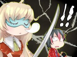  ! !! 2girls ascot black_hair blonde_hair commentary_request constricted_pupils green_ascot holding holding_sword holding_weapon jacket katana long_hair looking_at_another multicolored_hair multiple_girls nose_bubble open_mouth pink_streaks puffy_short_sleeves puffy_sleeves red_jacket red_shirt sadamune_kouzu shinken!! shirt shishiou_yatori short_hair short_sleeves sleep_mask sleeping sleeping_upright streaked_hair surprised sword upper_body uriah-oyu weapon 