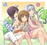  antenna_hair arguing bare_legs black_hair blue_hair book brown_eyes brown_hair casual controller couch covering covering_face covering_mouth crossed_legs dreamcast fourth_wall game_controller gamepad hagiwara_yukiho idolmaster idolmaster_2 instruction_manual joystick kikuchi_makoto leaning_forward legs_crossed long_hair meta multiple_girls open_book plant playing_games red_eyes sat shijou_takane short_hair silver_hair sitting wink xbox xbox_360 
