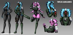  2girls absurdres alien artist_name blue_eyes blue_skin breasts colored_skin commission gloves highres holding holding_weapon large_breasts looking_at_viewer multiple_girls necrocephalopod original pink_hair star_wars twi'lek warhammer_40k weapon 