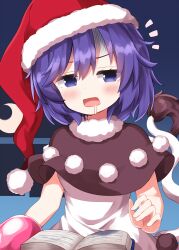  1girl blob blush book brown_capelet capelet commentary_request completion_time doremy_sweet dream_soul dress drooling fur-tipped_tail fur-trimmed_headwear fur_trim gloom_(expression) hair_between_eyes hat highres looking_at_viewer medium_hair nightcap notice_lines open_book pom_pom_(clothes) purple_hair red_hat ruu_(tksymkw) saliva solo tail tapir_tail touhou translation_request violet_eyes white_dress 
