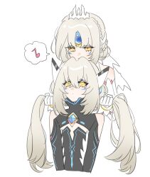 2girls black_bodysuit bodysuit clothing_cutout code:_esencia_(elsword) code:_sariel_(elsword) crystal detached_sleeves dress eirlys_els elsword eve_(elsword) expressionless facial_mark gloves grey_hair hair_between_eyes hair_ornament holding_another's_hair light_smile long_hair looking_at_another mechanical_ears medium_hair multiple_girls musical_note parted_bangs shoulder_cutout sleeveless sleeveless_dress spoken_musical_note tiara very_long_hair white_background white_dress white_gloves white_sleeves yellow_eyes 