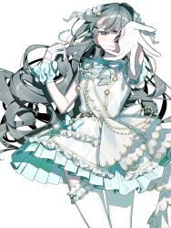  1girl 393_kani_(sakusa_kani) absurdres aqua_bow aqua_bowtie aqua_dress belt black_hair blue_eyes bow bowtie brown_belt closed_mouth commentary dress gloves hair_ribbon highres idol_clothes layered_sleeves long_hair looking_at_viewer nijisanji nijisanji_idol_uniform one_eye_covered open_hand outstretched_arm reaching reaching_towards_viewer ribbon simple_background smile solo thigh-highs tsukino_mito virtual_youtuber white_background white_dress white_gloves white_thighhighs 