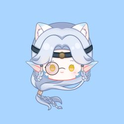  1girl absurdres animal_ear_fluff animal_ears black-framed_eyewear black_headband blue_background braid braided_hair_rings cat_ears chinese_commentary closed_mouth commentary_request grey_hair hair_rings hair_tubes happy head_only headband highres infinity_nikki light_blush long_hair low-tied_long_hair low_ponytail medael_(infinity_nikki) monocle multiple_braids nikki_(series) parksolian_(infinity_nikki) ponytail round_eyewear simple_background smile solid_oval_eyes solo straitjacket tinted_eyewear yellow-tinted_eyewear yellow_eyes yushengdeyouzilu 