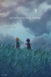  2boys basil_(faraway)_(omori) basil_(omori) black_hair black_sweater_vest blonde_hair brown_shorts clouds cloudy_sky collared_shirt commentary english_commentary english_text flower from_behind grass green_sweater_vest hair_flower hair_ornament holding_hands male_focus mel_(melmellie) multiple_boys omori outdoors shirt short_hair shorts sidelocks sky sunny_(omori) sweater_vest white_shirt 