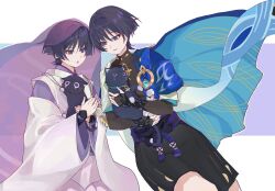  2boys anemo_symbol_(genshin_impact) animal armor belt black_belt black_bodysuit black_bow black_bridal_gauntlets black_cat black_hair black_shorts blue_cape blue_gem blue_sleeves blunt_ends bodysuit bow bridal_gauntlets cape cat clothing_cutout commentary covered_collarbone dual_persona english_commentary eyeliner feathers furisode gem genshin_impact gold gold_ring gold_trim hakama hakama_shorts hands_up highres holding holding_animal holding_cat japanese_armor japanese_clothes kariginu kimono komaedauy kote kurokote layered_sleeves long_sleeves looking_at_another makeup middle_ring multicolored_hair multiple_boys open_mouth parted_lips pleated_shorts pom_pom_(clothes) purple_hair purple_kimono purple_pupils purple_rope purple_sash purple_sleeves purple_veil red_eyeliner rope sash scaramouche_(cat)_(genshin_impact) scaramouche_(genshin_impact) scaramouche_(kabukimono)_(genshin_impact) see-through_clothes see-through_veil short_sleeves shorts shoulder_cutout shoulder_peek side_cape simple_background streaked_hair string tassel teeth tsurime turtleneck turtleneck_bodysuit upper_teeth_only veil violet_eyes wanderer_(genshin_impact) white_background white_sleeves white_trim wispy_bangs wolf_cut yellow_feathers 