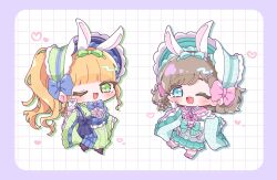  2girls :d ;d \m/ animal_ears blonde_hair blue_bonnet blue_dress blue_eyes bonnet border braid brown_hair chibi chibi_only commentary_request dress gloves green_bonnet green_dress green_eyes grid_background heanna_sumire highres long_hair long_sleeves love_live! love_live!_superstar!! memeta_(oolm_m) multiple_girls one_eye_closed open_mouth purple_border rabbit_ears short_hair side_braid side_ponytail smile tang_keke white_background white_gloves wide_sleeves 