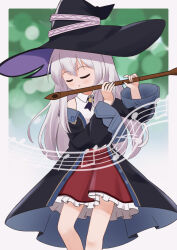  1girl :o apricotlemontea bare_shoulders beamed_eighth_notes black_hat black_robe collared_shirt commentary_request dress_shirt eighth_note elaina_(majo_no_tabitabi) feet_out_of_frame frilled_skirt frills grey_hair hands_up hat highres holding holding_instrument instrument long_hair long_sleeves majo_no_tabitabi musical_note off_shoulder open_clothes open_robe parted_lips quarter_note red_skirt robe shirt skirt sleeveless sleeveless_shirt solo very_long_hair white_shirt wide_sleeves witch_hat 